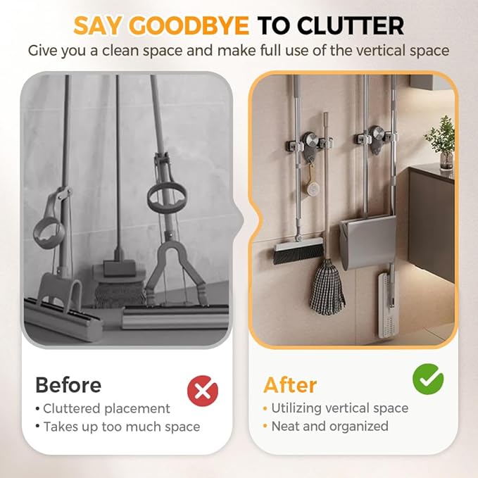 Broom Holder Mop Hanger, 2026 New No punching required Broom Hanger Organizer for Bathroom, Kitchen, Office，Utility Room，Laundry Room,Home Garden, Garage Storage and Organization Rack (2PCS White)