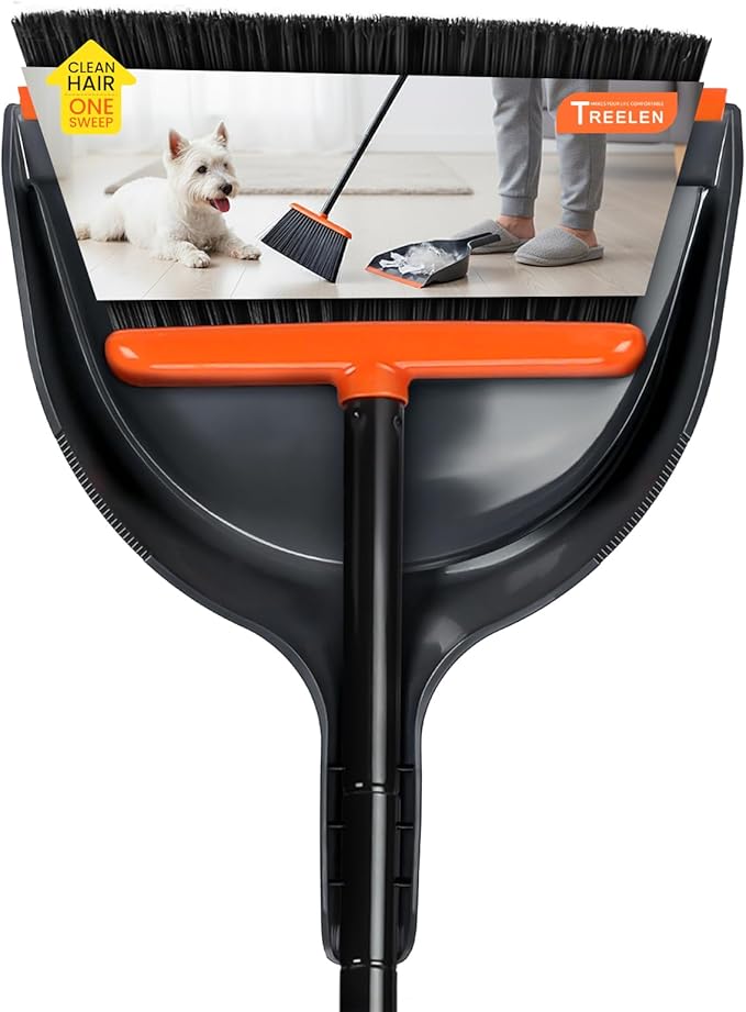 TreeLen Angle Broom and Dustpan Set, Dust Pan Snaps On Broom Handles Orange