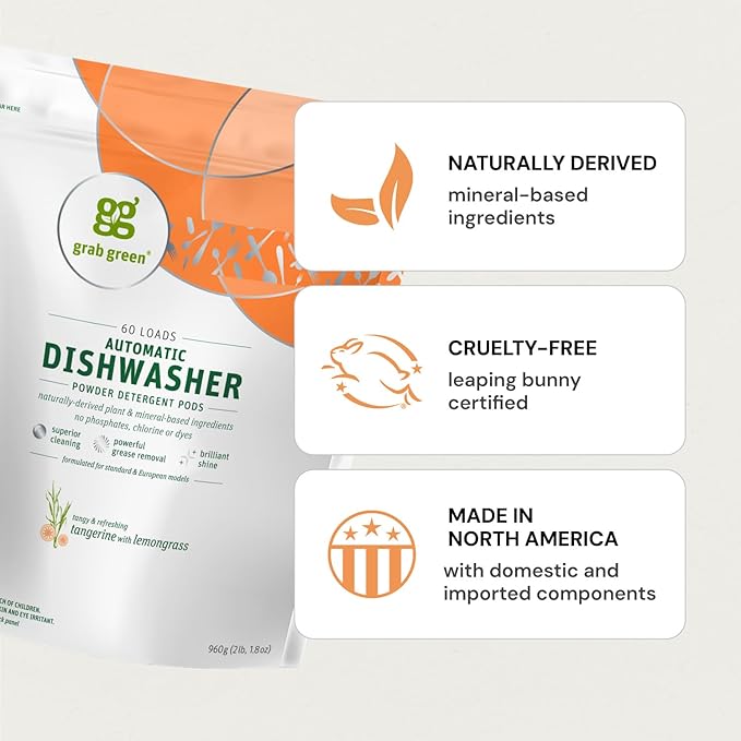 Grab Green Automatic Dishwashing Detergent Pods, 132 Count, Fragrance Free, Plant and Mineral Based, Superior Cleaning, Powerful Grease Removal, Brill