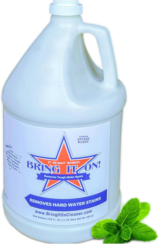 Bring It On Cleaner: Shower Door Hard Water Spot Stain Remover with Oxygen Bleach. Safely Clean Shower Door Glass, Tiles, Taps, Grout and Fiberglass 128oz