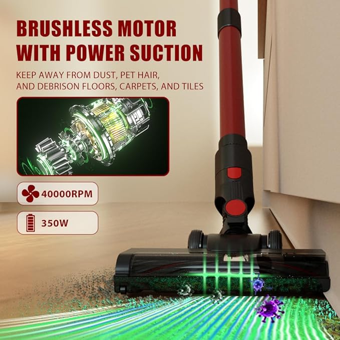 Cordless Vacuum Cleaner for Home, 6-in-1 Lightweight 45KPa Powerful Suction of 45-Min Runtime, Upgrated Green Light Dust Detection for Hard Floors/Carpets/Pet Hair