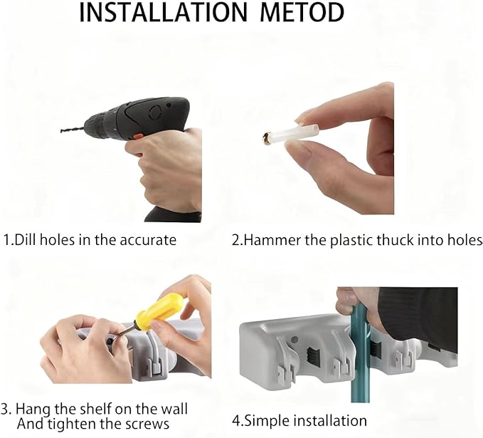 PP Plastic Multi-Function Broom & Mop Wall Mount Holder (16.9×3.35×2.36in, Gray) - Screw-Mounted Space Saver for Kitchen/Garage/Garden Tool Organization