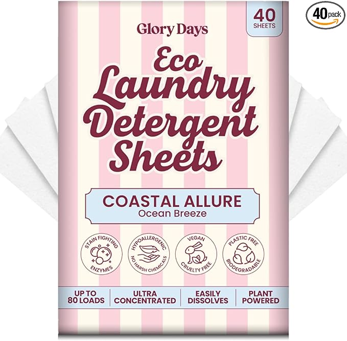 Glory Days Eco Laundry Detergent Sheets – Coastal Allure (Ocean Fresh Scent) | 40 Sheets = Up to 80 Loads | Enzyme-Powered, Plastic-Free, Hypoallergenic | HE, Top & Front Loader | Travel-Friendly