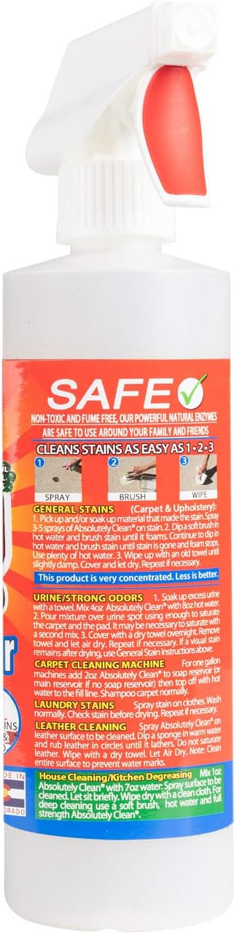Absolutely Clean Amazing 60 Second Stain Remover - Powerful, Natural Enzymes Remove Food, Grease, Pet Stains & More, Fast & Easy - Fragrance Free - Eco Friendly - USA Made (16oz Pack of 1)