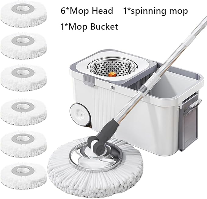 360 Spinning Floor Cleaning System with 6 Extra Refills Heads Extended Handle Household Cleaning Automatic Hand-Free Automatic Dehydration Mop for Household Floor Cleaning (White Blue)