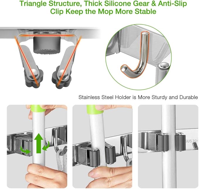 Broom Closet Organizer Wall Mounted, Heavy Duty Stainless Easy Install Broom Mop Holder with 3 Racks 4 Hooks (Grey)