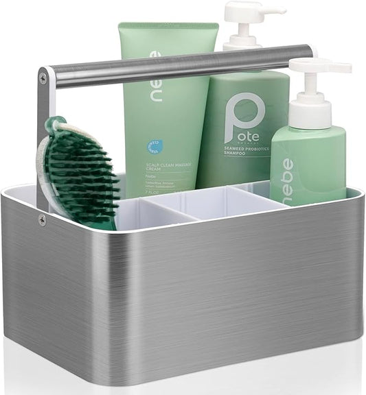Plastic Shower Caddy Dorm - Portable Bathroom Caddy Organizer with Handle and Divider for College Dorm & Shared Bathroom, Hard Shower Tote for Toiletry, Brushed Nickel White