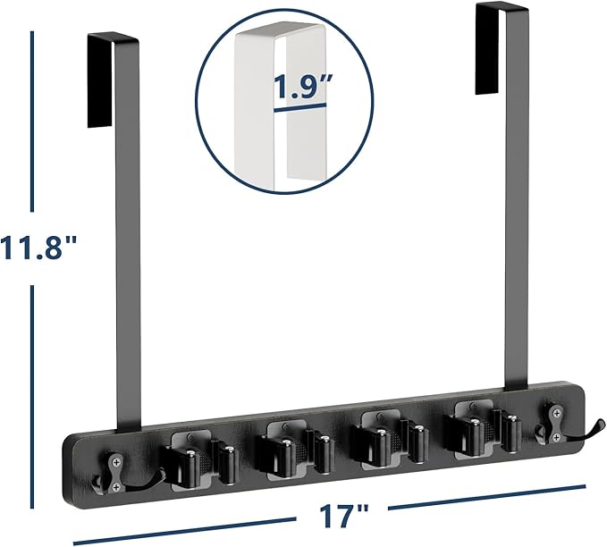 Lorbro Broom Holder Door Mount, Over the Door Broom and Mop Holder with 2 Over Door Hooks, Wood Broom Hanger, Tool Rack Organizer for Laundry, Garage, Closet, Kitchen Decor, 4 Slots & 4 Hooks Rustic