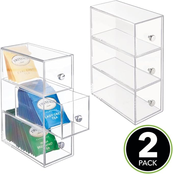 mDesign Plastic Kitchen Pantry Stackable Storage Organizer Container Station with 3 Drawers for Cabinet, Countertop, Holds Coffee, Tea, Sugar Packets, Creamers - Lumiere Collection - 2 Pack - Clear