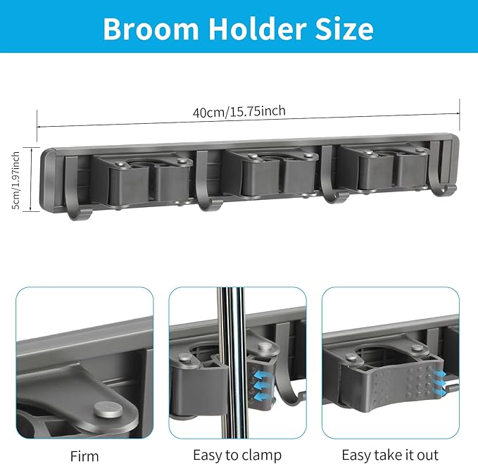 Broom Holder Wall Mount with Adjustable Hooks, Mop Organizer Rack for Narrow Space, Mop and Broom Hanger Wall Mount for Organizing in Kitchen, Garage, Laundry Room, 3 Racks 4 Hooks, Gray