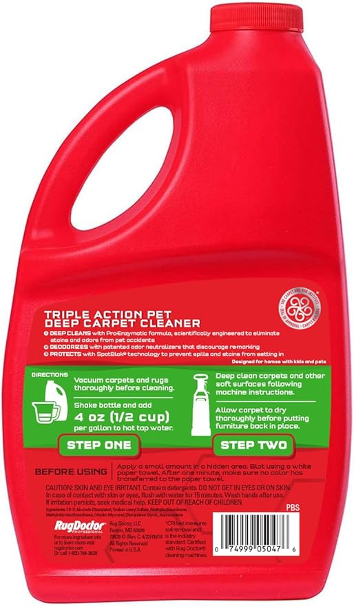 Rug Doctor Professional Triple Action Pet Stain and Odor Deep Carpet Cleaner Solution 48oz. Triple Action Formula Cleans, Deodorizes and Deters Remarking, Carpet Shampoo for Pet Stains & Odors