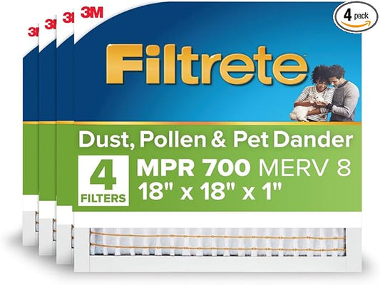 Filtrete 18x18x1 AC Furnace Air Filter, MPR 700, MERV 8, Tough on Pollen, Easy on Airflow, 3-Month Pleated 1-Inch Electrostatic Air Cleaning Filter, 4-Pack (Actual Size 17.81 x 17.81 x 0.81 in)