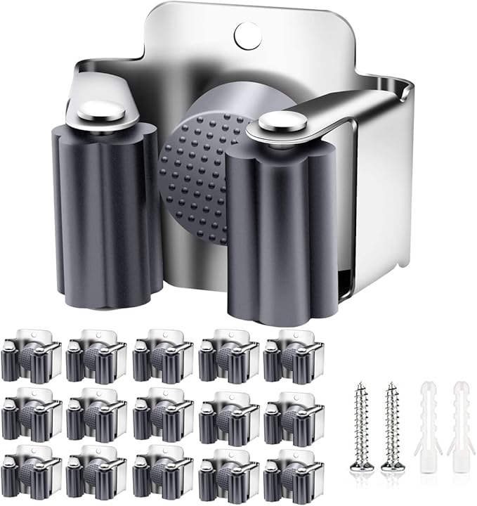 Verdenu 15 Pack Broom Holder Wall Mount, Mop and Broom Holder Wall Mount, Stainless Steel Command Broom Holder with Screws, Garden Tool Storage Organizer for Kitchen, Home, Bathroom, Garage, Grey