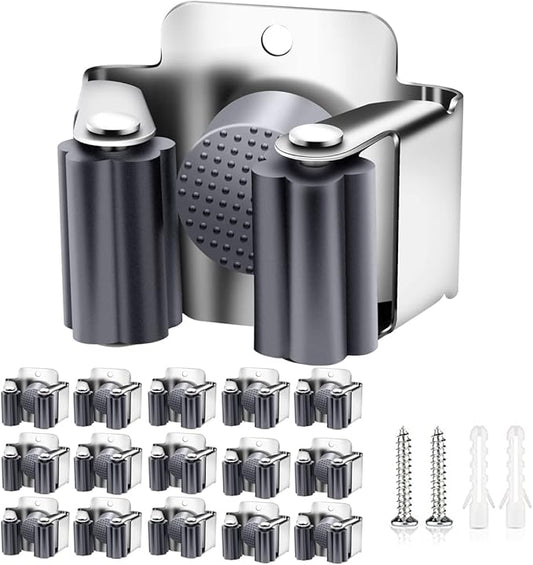 Verdenu 15 Pack Broom Holder Wall Mount, Mop and Broom Holder Wall Mount, Stainless Steel Command Broom Holder with Screws, Garden Tool Storage Organizer for Kitchen, Home, Bathroom, Garage, Grey