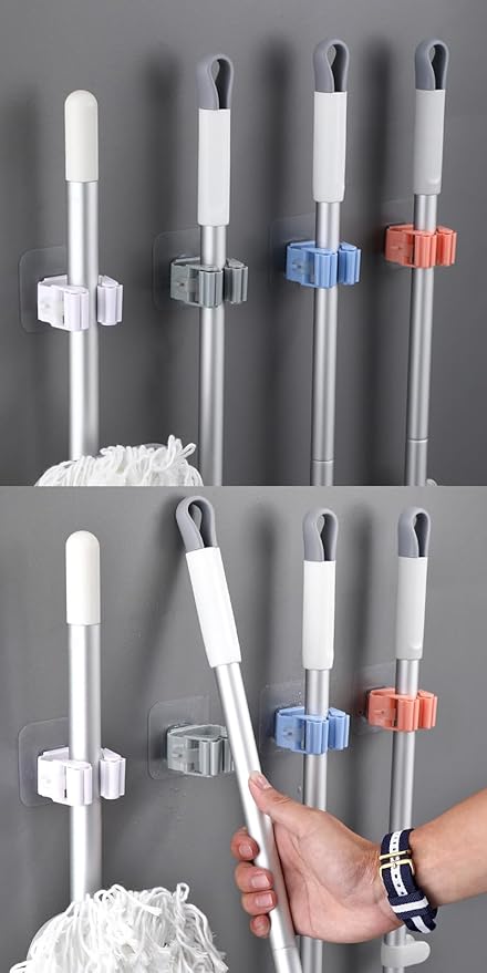 AKOAK Plastic Mop and Broom Holders - Wall Mounted Self-adhesive Broom and Mop Organizer, Wall Storage Organizer, for Home, Kitchen, Bathroom, Garden, Garage Storage, Pack of 4