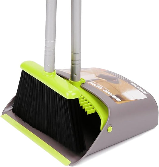 TreeLen Broom and Dustpan Set, TreeLen Broom with Dust Pan with Long Handle Combo Set for Office and Home Standing Upright Sweep Use with Lobby