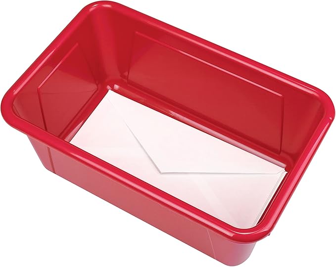 Storex Small Cubby Bins – Plastic Storage Containers for Classroom with Non-Snap Lid, 12.2 x 7.8 x 5.1 inches, Red, (62407U05C) (Pack of 5)