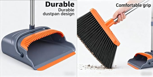 Upgrade Long Handle Design Broom and Dustpan Set - for Home & Office Use, with Upright Standing Dustpan, No Bending,Suitable for Indoor & Outdoor Sweeping,Orange and Grey