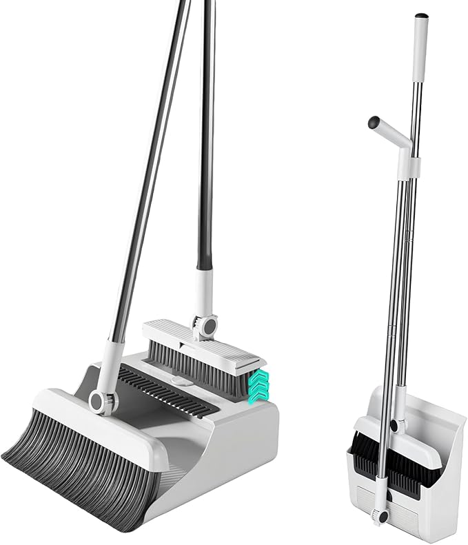 Upgrade 3-in-1 Standing Broom and Dustpan Cleaning Set, Long Handle Soft Bristle, Upright Design Cleaning Set for Home, Office, Indoor&Outdoor Sweeping