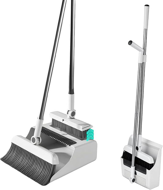 Upgrade 3-in-1 Standing Broom and Dustpan Cleaning Set, Long Handle Soft Bristle, Upright Design Cleaning Set for Home, Office, Indoor&Outdoor Sweeping