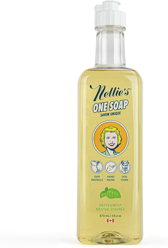 Nellie's One Soap - Peppermint Scented - Gentle Multi-Purpose Cleaner for Dishes, Surfaces, and Hands - Hypoallergenic, Plant-Based, Chemical-Free, and Soft on Skin - 19.2 oz - (Made in Canada)