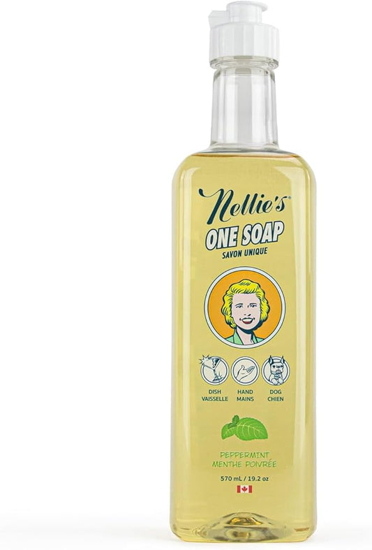 Nellie's One Soap - Peppermint Scented - Gentle Multi-Purpose Cleaner for Dishes, Surfaces, and Hands - Hypoallergenic, Plant-Based, Chemical-Free, and Soft on Skin - 19.2 oz - (Made in Canada)