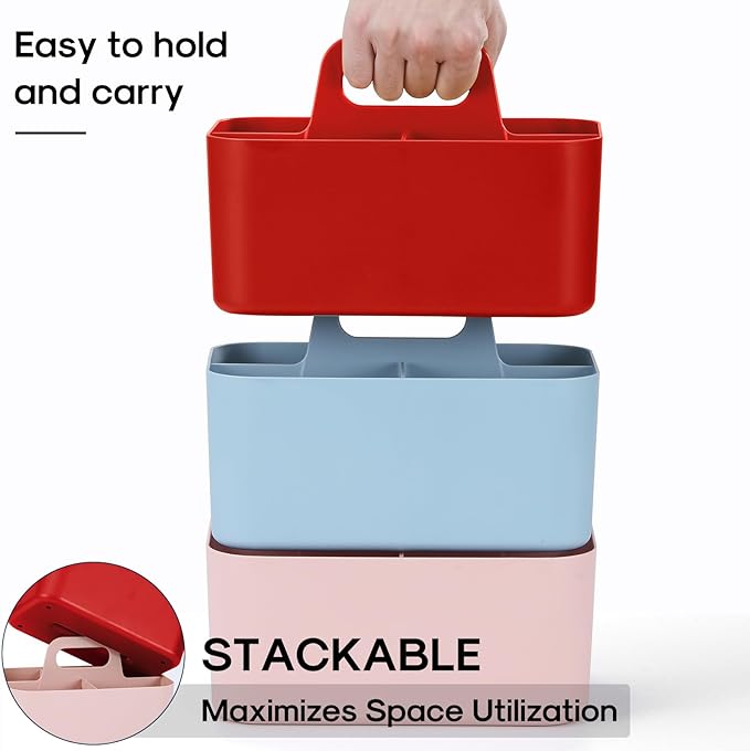 Multiuse Caddy Organizer with Handle - Stackable Plastic Tote Bin - Art Craft Supplies, Office, Desk, Stationery Pen Holder, Kitchen, Utensil, Makeup, Bathroom, Shower, Cleaning, Dorm Organizer - Red