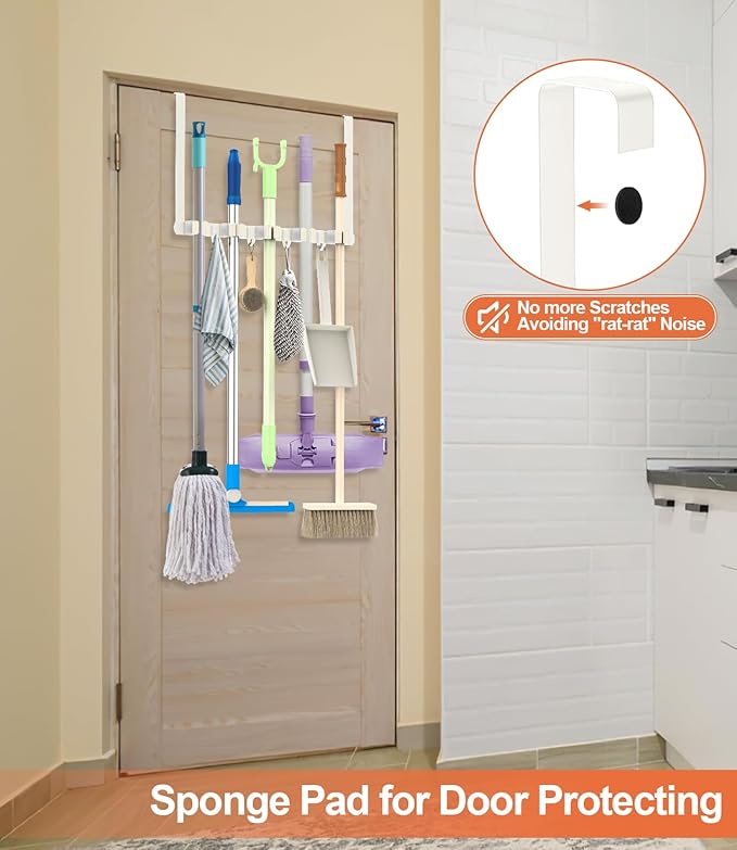 Broom Holder Over The Door Drilling Free Mop and Broom Holder with 4 Over Door Hook, Metal Mop and broom hanger Wall Mount Broom Storage Tool Organizer for Laundry Room Garage Bathroom - white