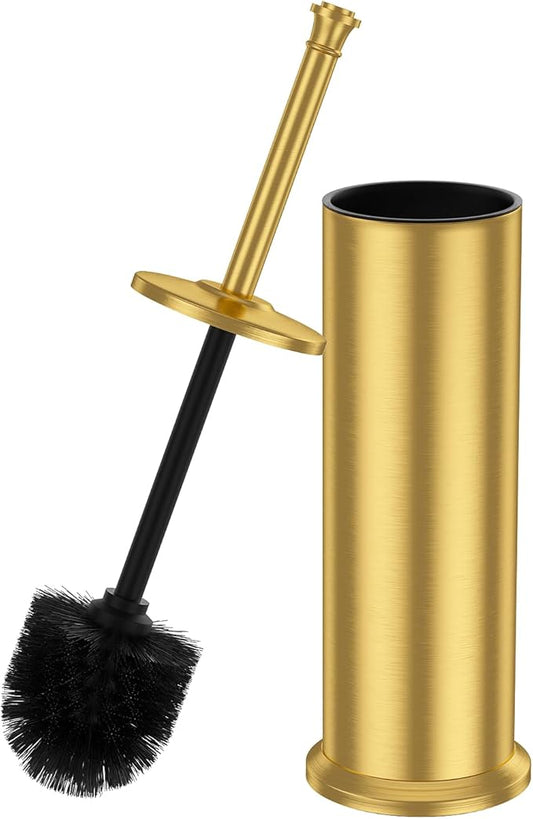 Brass Toilet Brush and Holder，Long Handled Gold Toilet Brush for Bathroom，Stainless Steel Heavy Duty Toilet Bowl Brush,Removable Inner Bowl,Deep Cleaning Dense Bristles Cleaner Brush -Space Saving