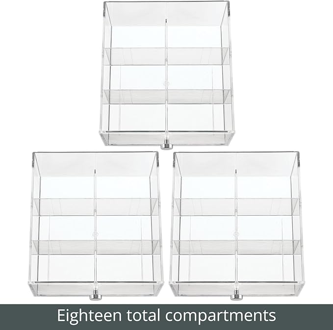 mDesign Plastic Wide Kitchen Pantry, Cabinet, Countertop Organizer Storage Station, 3 Drawers for Coffee, Tea, Sugar Packets, Sweeteners, Creamers, Drink Pods, Packets; 18 Sections, Dark Gray/Clear