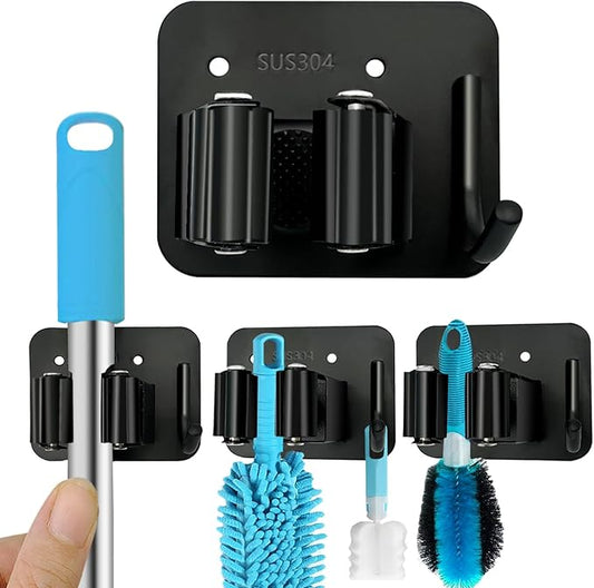 Mop and Broom Holder Wall Mount Stainless Steel 304 Tool Garage Organization Command Rack Screw and Self Adhesive 3m Broom Hanger Heavy Duty 4pcs (4pcs，black), TBJ001