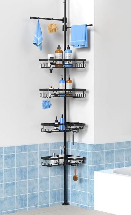 KEGII Black Shower Caddy Tension Pole with 2 Towel Bars, Adjustable Corner Bathroom Organizer, Rustproof Bathtub Storage Shelves for Shampoo, 25–114.2 Inch Shower Corner Rack for Renters & Family