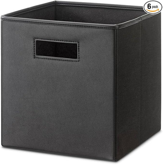 Whitmor 4 Pack 12 Inch Black Foldable Diamond-Patterned Faux Leather Storage Cube Bins with Handles – Ideal for Living Room, Bedroom & Office Organization