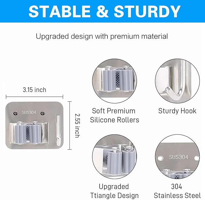 5 Pack Mop Broom Holder Wall Mount Screw Drilling, Stainless Steel Heavy Duty Organizer Hanger Tool Rack for Bathroom Kitchen Garage Laundry Office, Silver