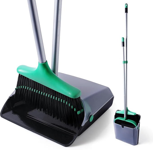 Eyliden Broom with Dustpan Combo Set - Stand-Up Dustpan, Self-Cleaning Comb, 4-Row Dense Bristles - Sweeper Brooms and Dustpan for Home, Office, Lobby, Shop, Classroom, Dorm Room (Black & Green)