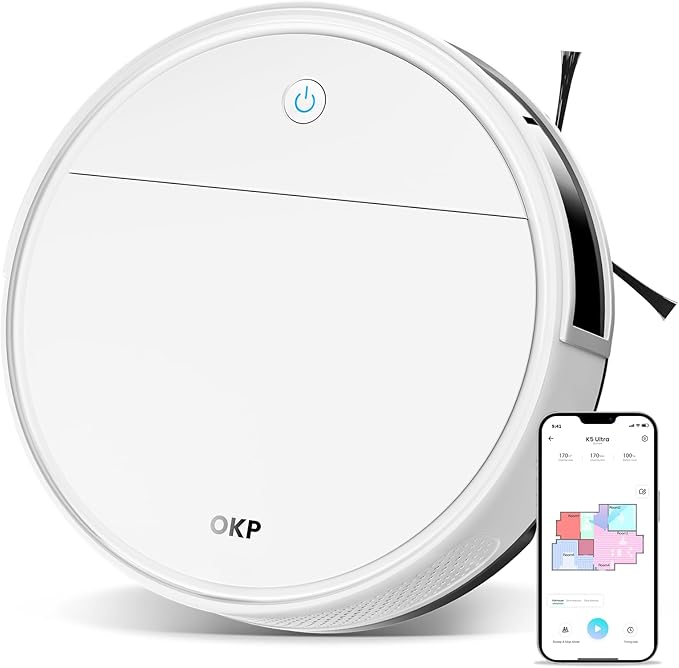 OKP K5 Ultra Robot Vacuum and Mop Combo,2.9 inch Small Robot Vacuum with ToF LiDAR Navigation,170Min Runtime,PSD Obstacle Avoidance,Automatic Charging,WiFi/App/Alexa Control, for Pet Hair and Home