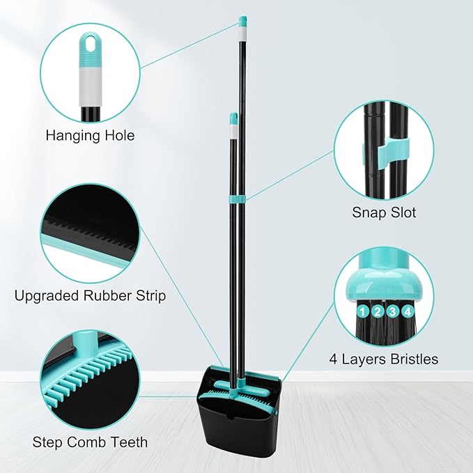 Upgrade Broom and Dustpan Combo Set, Extendable 52" Long Handle Broom for Easy Sweeping, Self-Cleaning Dust pan Teeth for Pet Hair, Perfect for Home, Kitchen, and Office
