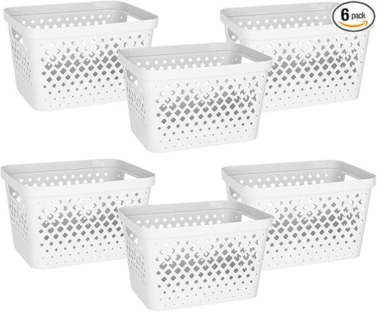 Glad Plastic Storage Basket Set, Value Pack of 6 | Open Storage Bins for Shelves, Bathroom, Pantry, Closet | Nesting Organizer Boxes with Handles, 4 Gallon, White
