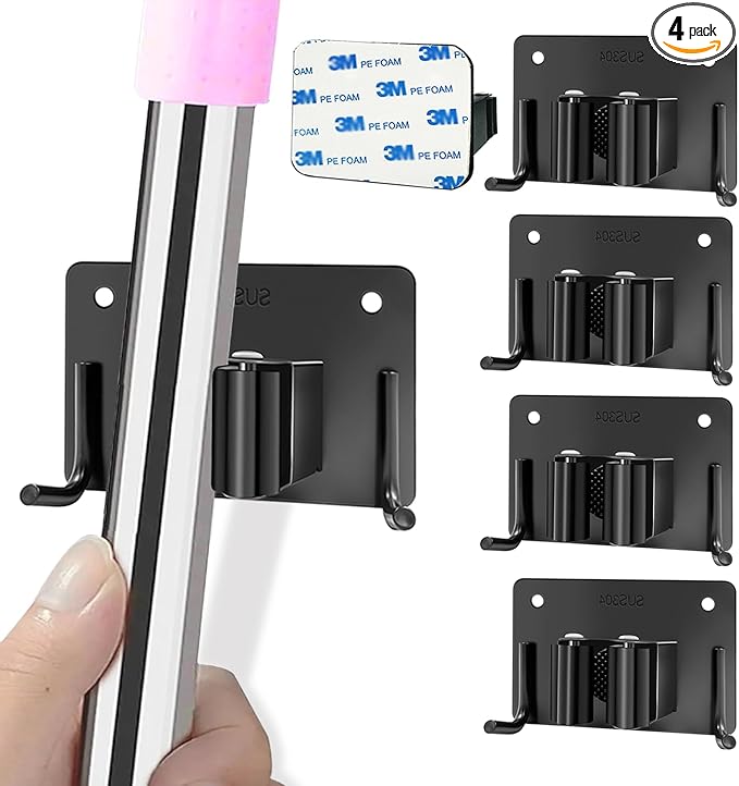 Mop and Broom Holder Wall Mount Stainless Steel 304 Tool Garage Organization Rack Screw and Self Adhesive Broom Hanger Heavy Duty 4pcs (Double Hooks Big Size，4pcs Black), TBJ001