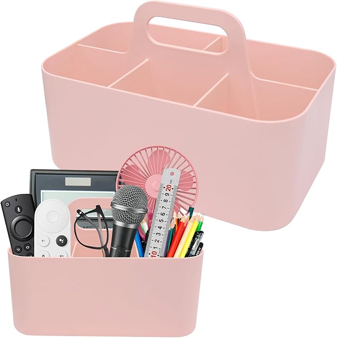 Plastic Portable Caddy with Handle, Pink Bathroom Shower Caddy Organizer, 5 Grid Small Caddies Storage Basket for Makeup, Cleaning, Art Craft, Stationery