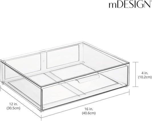 mDesign Wide Plastic Stackable Bathroom Storage Organizer Bin with Pull Out Drawer for Cabinet, Vanity, Shelf, Cupboard, Cabinet, Countertop, or Closet Organization - Lumiere Collection - Clear