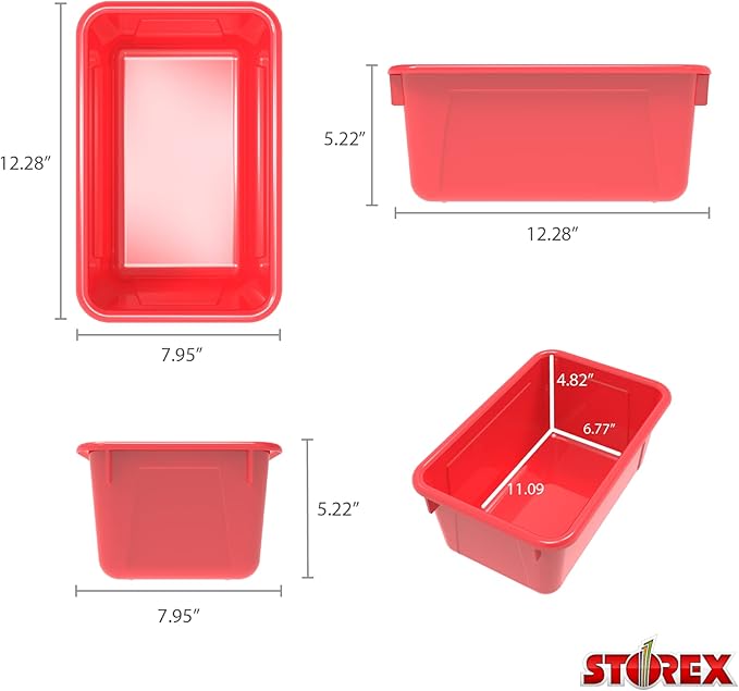 Storex Small Cubby Bins – Plastic Storage Containers for Classroom with Non-Snap Lid, 12.2 x 7.8 x 5.1 inches, Red, (62407U05C) (Pack of 5)
