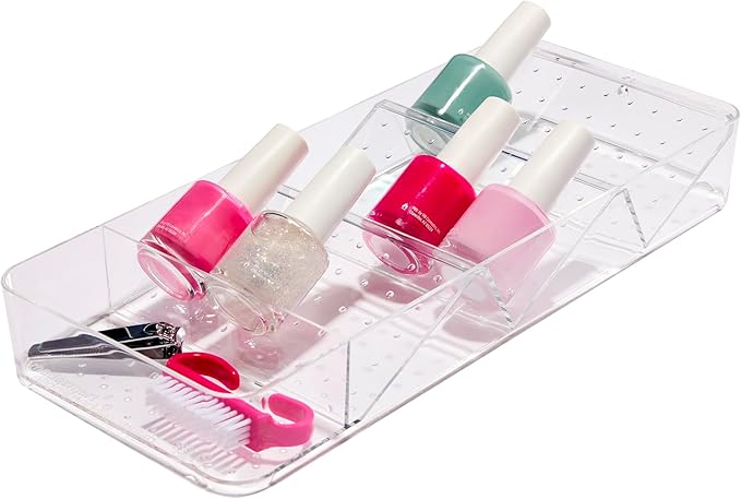 madesmart Angled Storage Tray, Make-up Bathroom Organizer, Lipstick, Razors, Q-Tips, Bath Essentials Angled for Easy-Viewing, Small, Clear