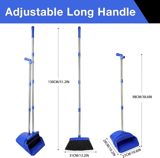 Broom and Dustpan Set, Long Handle Lightweight Dustpans with Broom Combo for Home, Indoor&Outdoor Sweeping for Home Room Kitchen Office Lobby (Dark Blue)