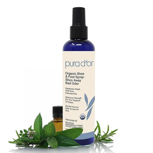 PURA D'OR Organic Shoe & Foot Odor Eliminator Spray (8oz) Deodorizes & Removes Bad Smells with Eucalyptus, Peppermint, Tea Tree, Lemongrass Essential Oil, Maximum Strength (Packaging may vary)