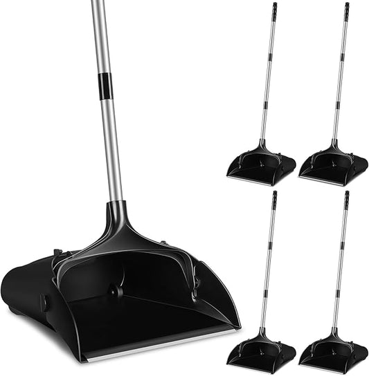 Maxcheck 4 Pcs 37 Inch Lobby Dust Pan Bulk Upright Lobby Dust Pan Plastic Commercial Dustpan with Long Handle Upright Standing Dustpan Heavy Duty for Office Home Indoor Outdoor Use (Black)