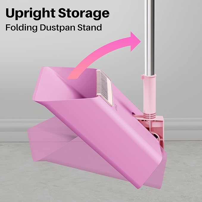 JOYMOOP Pink Broom and Dustpan Set, Upright Angle with Built-in Comb Teeth for Kitchen, Lobby, Pet Hair and Hard Floors