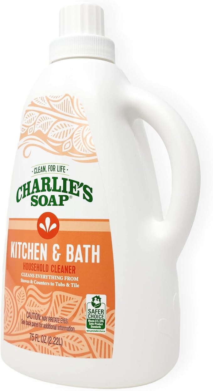 Charlie's Soap Kitchen & Bath Surface Cleaner Refill Kit (107 fl oz) Eco-Friendly Spray & Wipe Multi-Purpose cleaner Safe for Sensitive Skin (2 Pack - One 32oz Sprayer and One 75oz Refill)