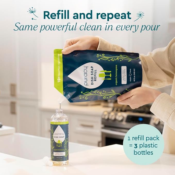 Puracy Natural Dish Soap Refill - Skin-Softening Plant-Based Liquid Dishwashing Detergent Soap, Clean-Rinsing Water-Sheeting Formula (Organic Lemongrass, 16+48 fl oz)