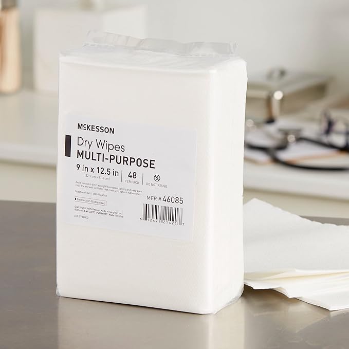McKesson Multi-Purpose Dry Wipes - Disposable, Medium Duty, Non-Sterile - White, 9 in x 12 1/2 in, 48 Wipes, 1 Pack